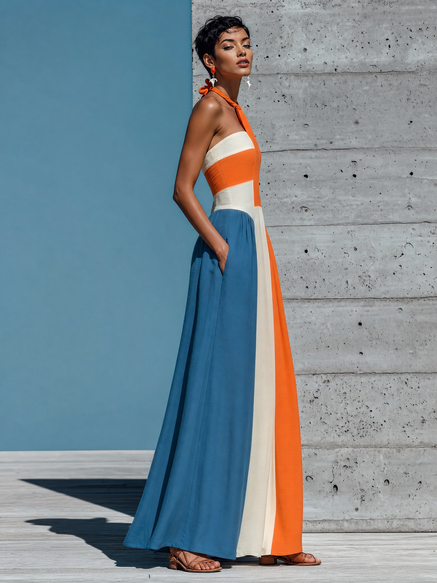Women’s Orange White Blue Color Block Halter Keyhole Strapless Smocked Bodice Pleated Maxi Dress