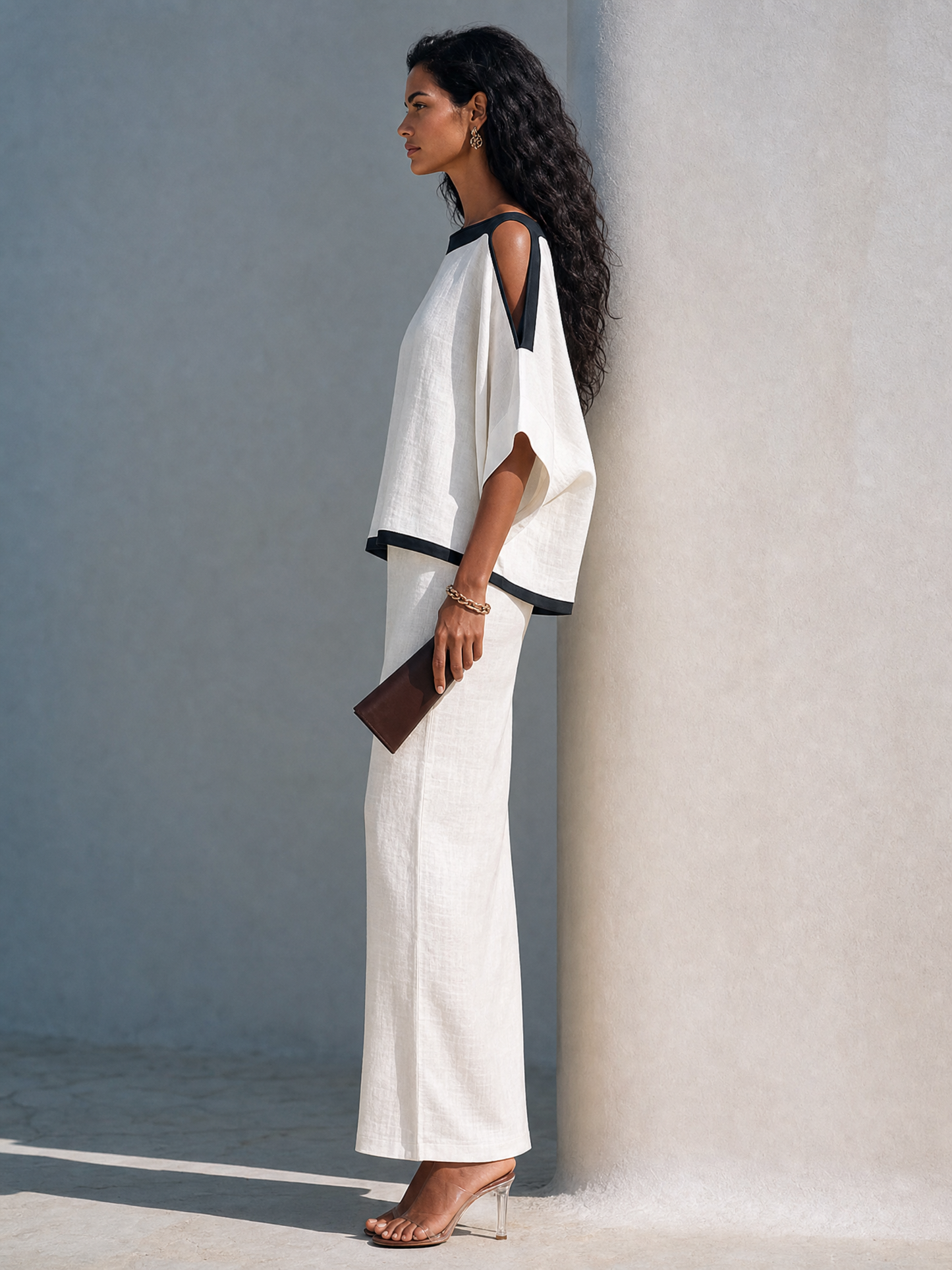 Women's Linen-Blend Batwing-Sleeve Top And Midi Skirt Two-Piece Set