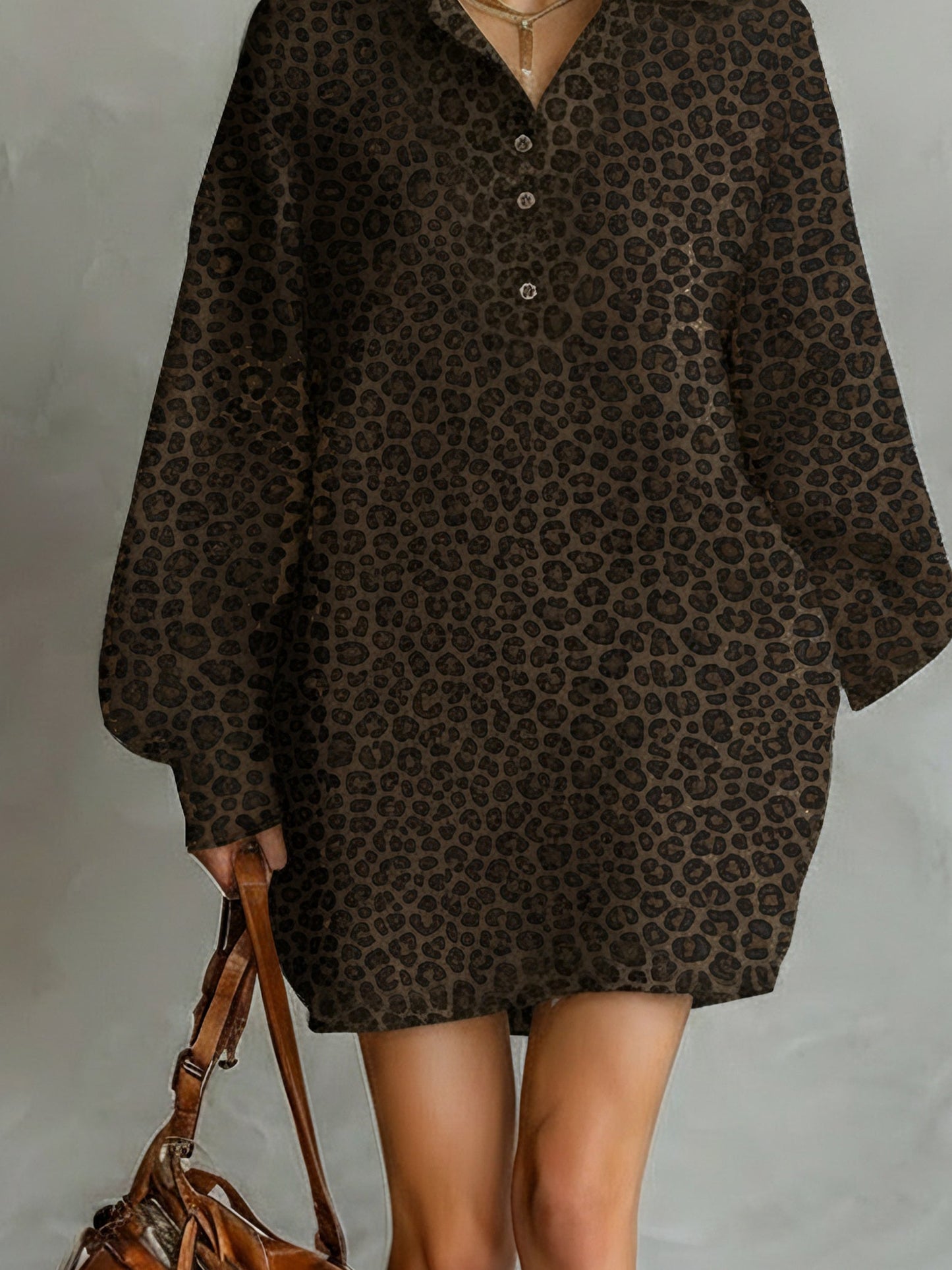 Women's Fashionable Brown Leopard Print Loose Open Neckline Long Sleeve Dress