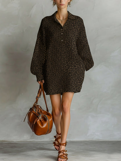 Women's Fashionable Brown Leopard Print Loose Open Neckline Long Sleeve Dress