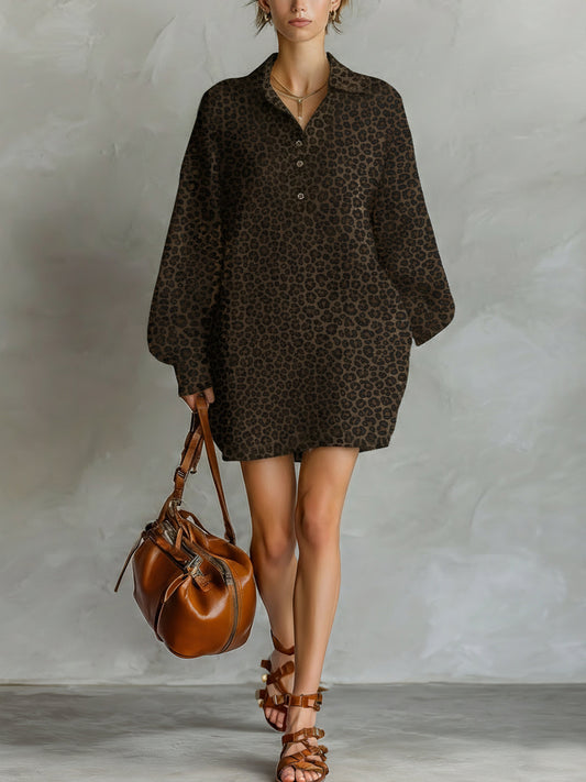 Women's Fashionable Brown Leopard Print Loose Open Neckline Long Sleeve Dress