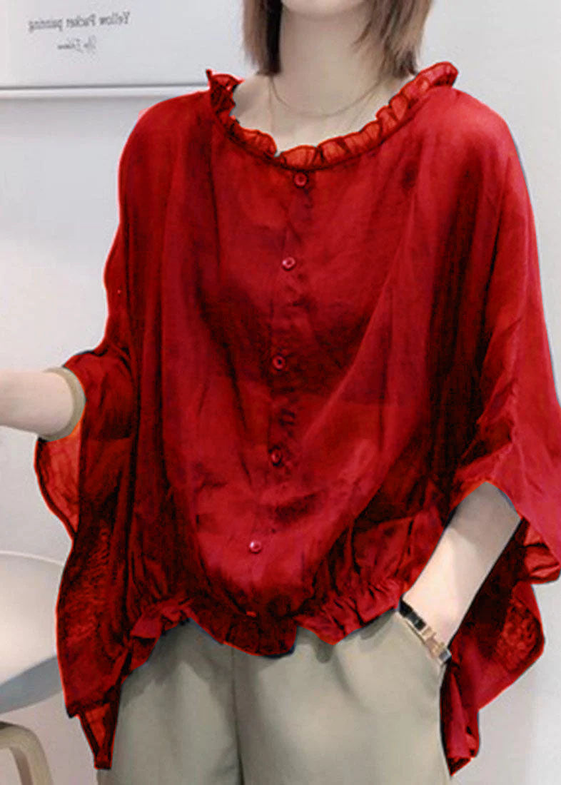 Art Black print Tops Ruffles Trim Half Sleeve Shirts Blouse Plus Size
