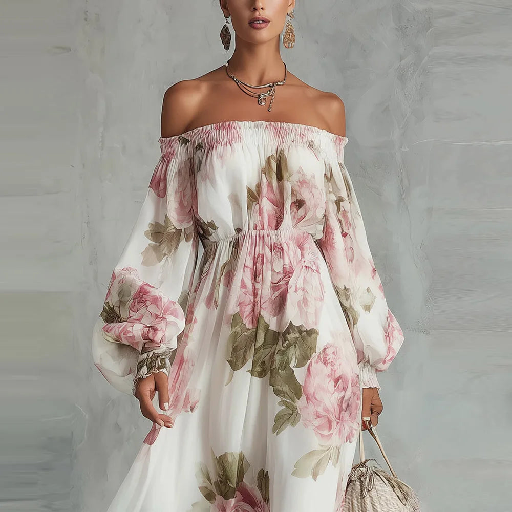 Off-Shoulder Floral Maxi Dress, Long Sleeves