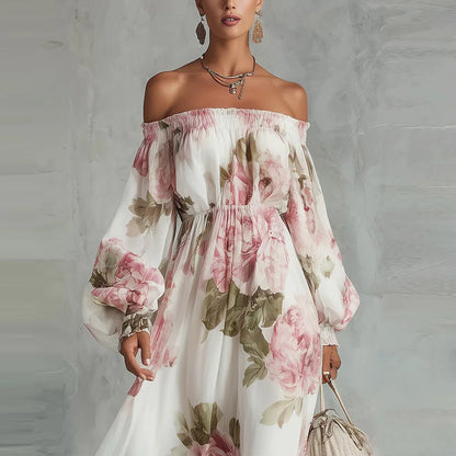 Off-Shoulder Floral Maxi Dress, Long Sleeves