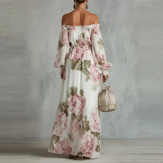 Off-Shoulder Floral Maxi Dress, Long Sleeves