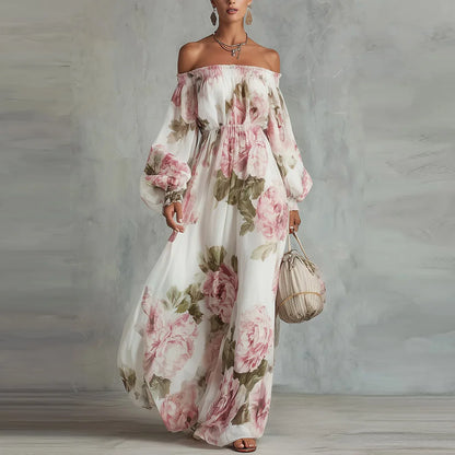 Off-Shoulder Floral Maxi Dress, Long Sleeves