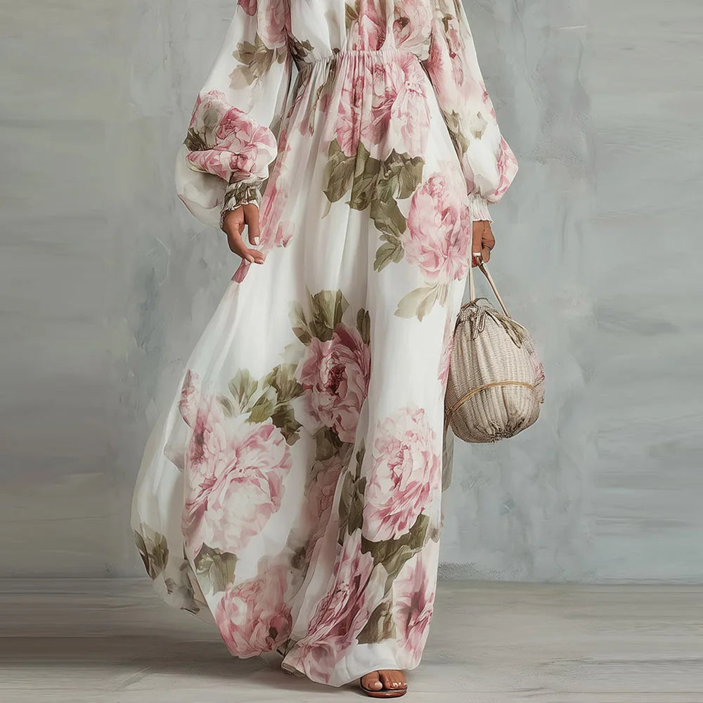 Off-Shoulder Floral Maxi Dress, Long Sleeves