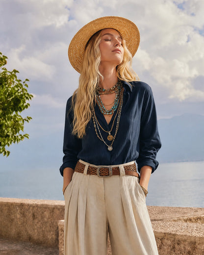 Women's Casual Navy Blue Cotton-Linen Long-Sleeve Pullover Shirt Paired