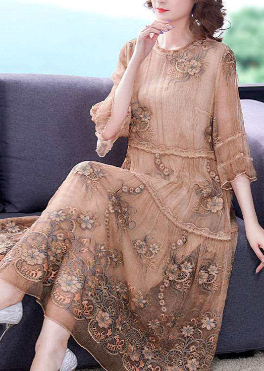 Vintage Embroidered Ruffled Patchwork Silk Long Dress Half Sleeve