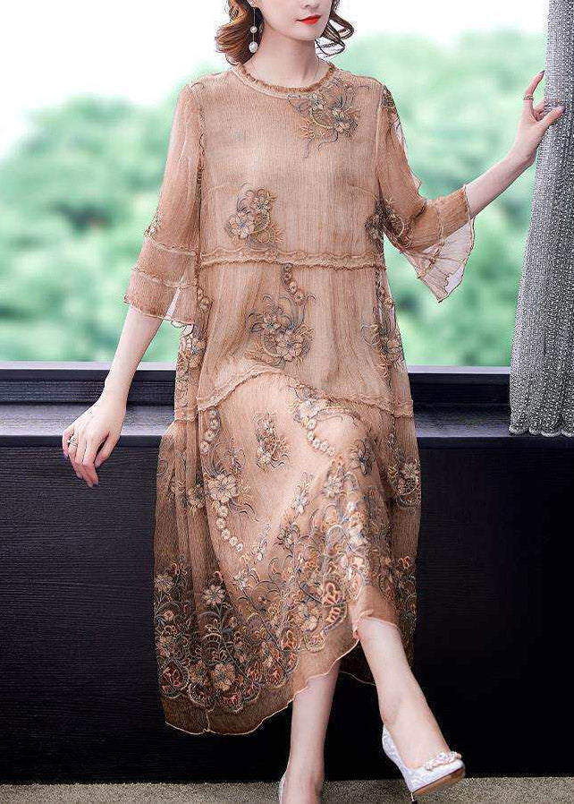 Vintage Embroidered Ruffled Patchwork Silk Long Dress Half Sleeve