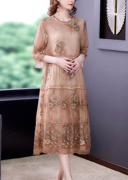 Vintage Embroidered Ruffled Patchwork Silk Long Dress Half Sleeve