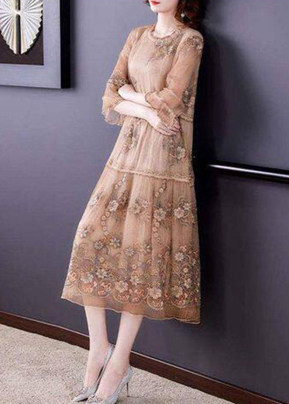 Vintage Embroidered Ruffled Patchwork Silk Long Dress Half Sleeve