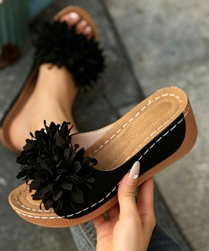 White Floral Decorated Splicing Faux Leather Wedge Slide Sandals