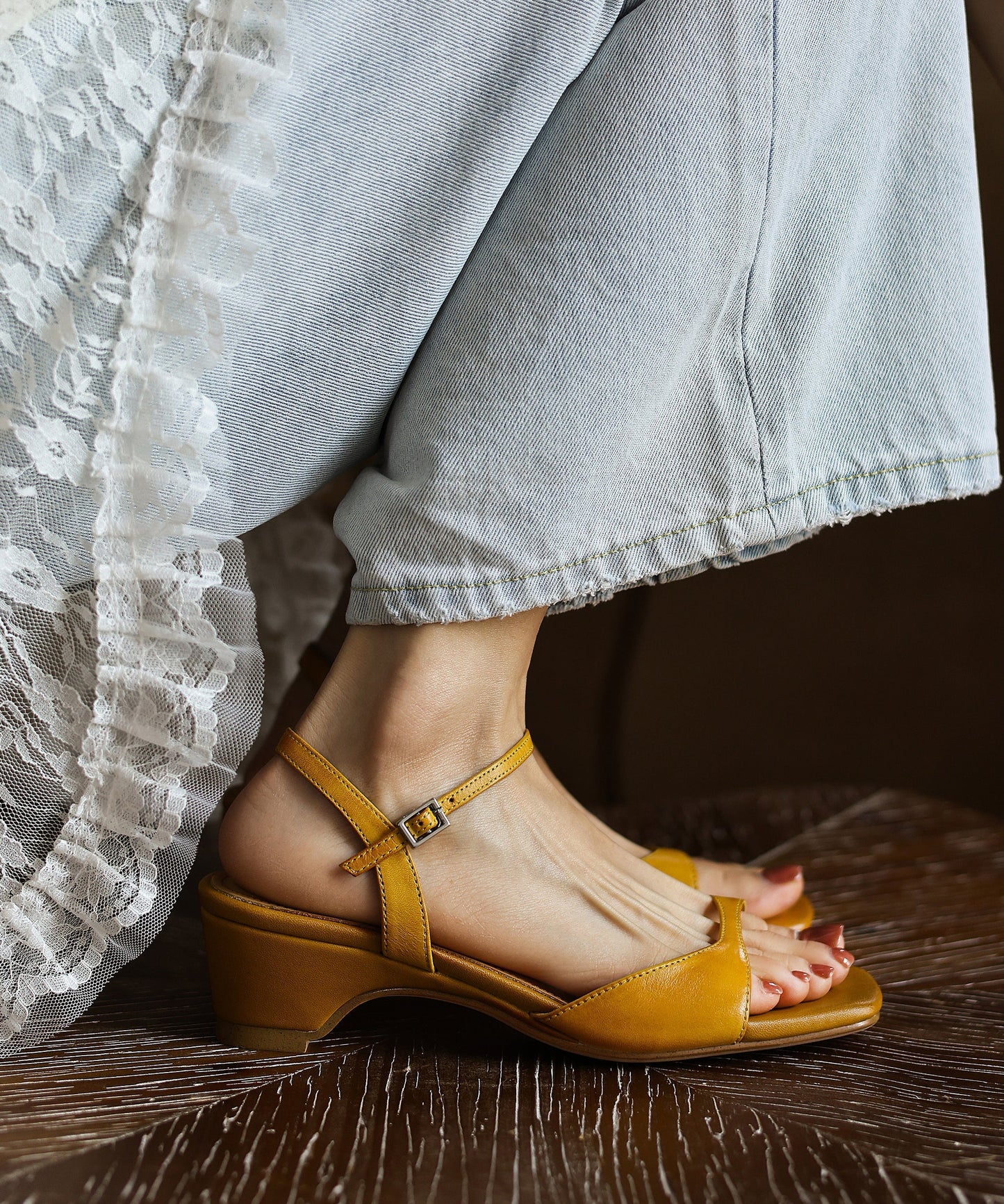 Yellow Cowhide Leather Splicing Chunky Sandals Peep Toe