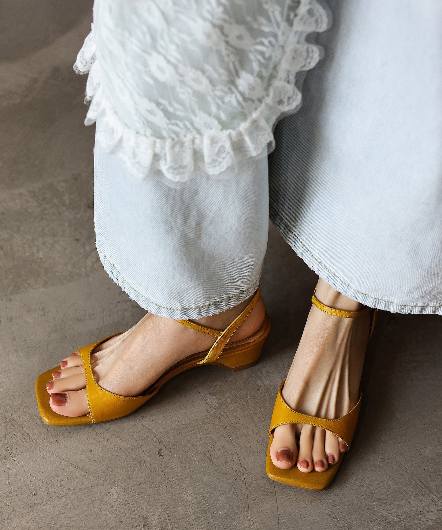 Yellow Cowhide Leather Splicing Chunky Sandals Peep Toe