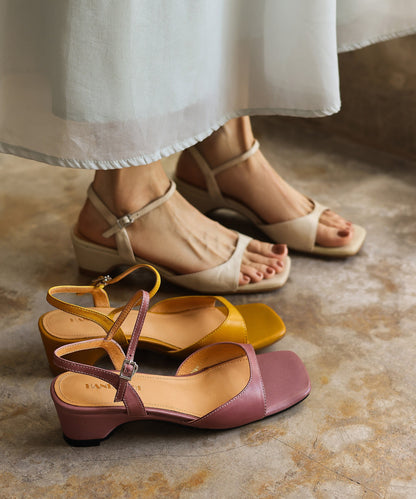 Yellow Cowhide Leather Splicing Chunky Sandals Peep Toe