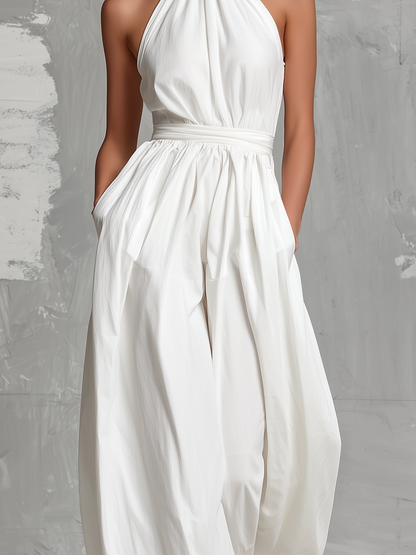 Women's Elegant White Woven Sleeveless Halter-neck Jumpsuit