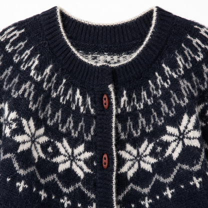 Women’s Nordic Fair Isle Wool Cardigan – Snowflake Button-Front Sweater for Early Fall