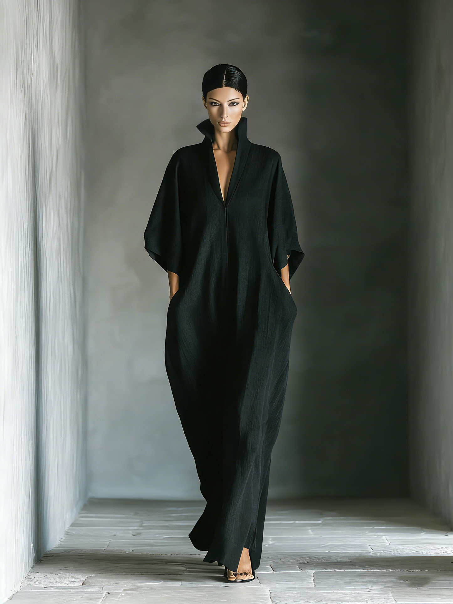 Women's Black Cotton Blend Fabric Oversized Kimono-Sleeve Maxi Dress With Pockets