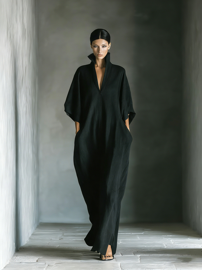Women's Black Cotton Blend Fabric Oversized Kimono-Sleeve Maxi Dress With Pockets
