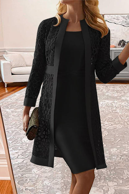 Champagne Elegant Solid Lace Hollowed Out Long Sleeve Two Pieces Dress(8 Colors)
