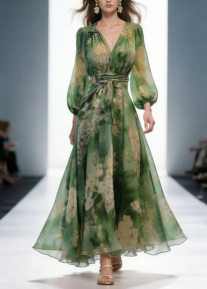 French Green V Neck Print High Waist Chiffon Dresses Long Sleeve