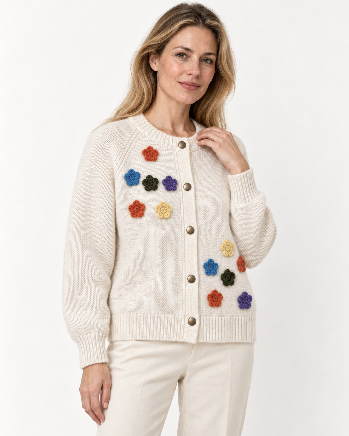 Women's Floral Wool Cardigan – Colorful Flower Round Neck Sweater