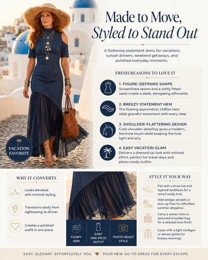 Chic Navy Cold Shoulder Tulle Patchwork Denim Dress Summer