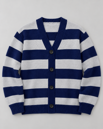 Women's Wide Stripe Cardigan – V-Neck Button-Up Knit Sweater