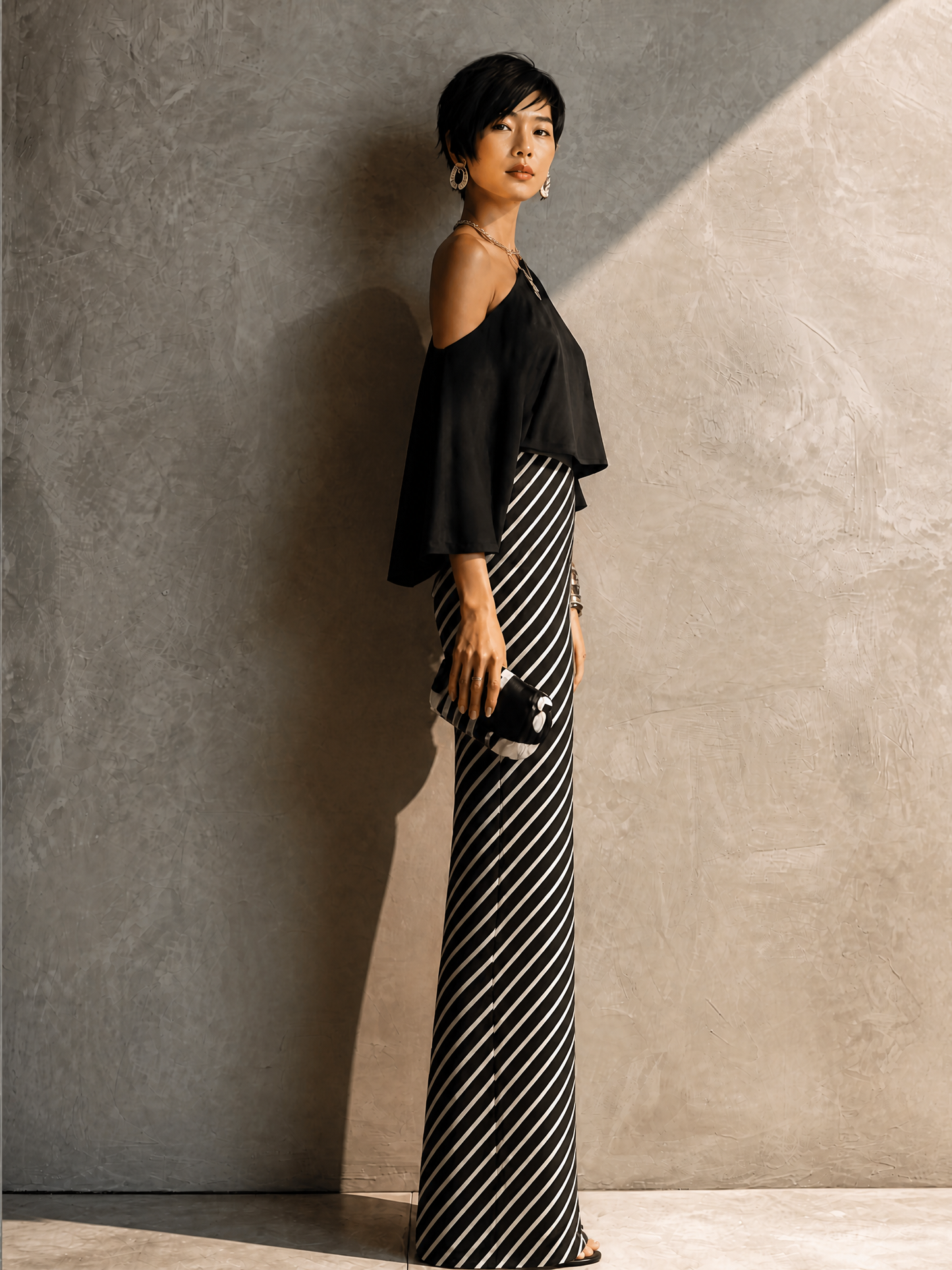 Women's Modern Elegant Black White Knit Cotton Blend One-Shoulder Striped Maxi Skirt Set