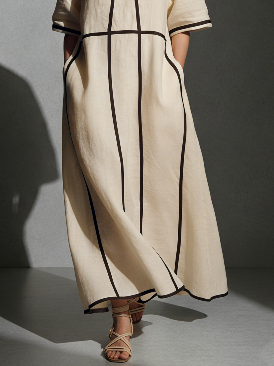 Women's Modern Linen Blend Beige Stand-Collar Half-Sleeve Contrast-Line Pocketed Maxi Dress