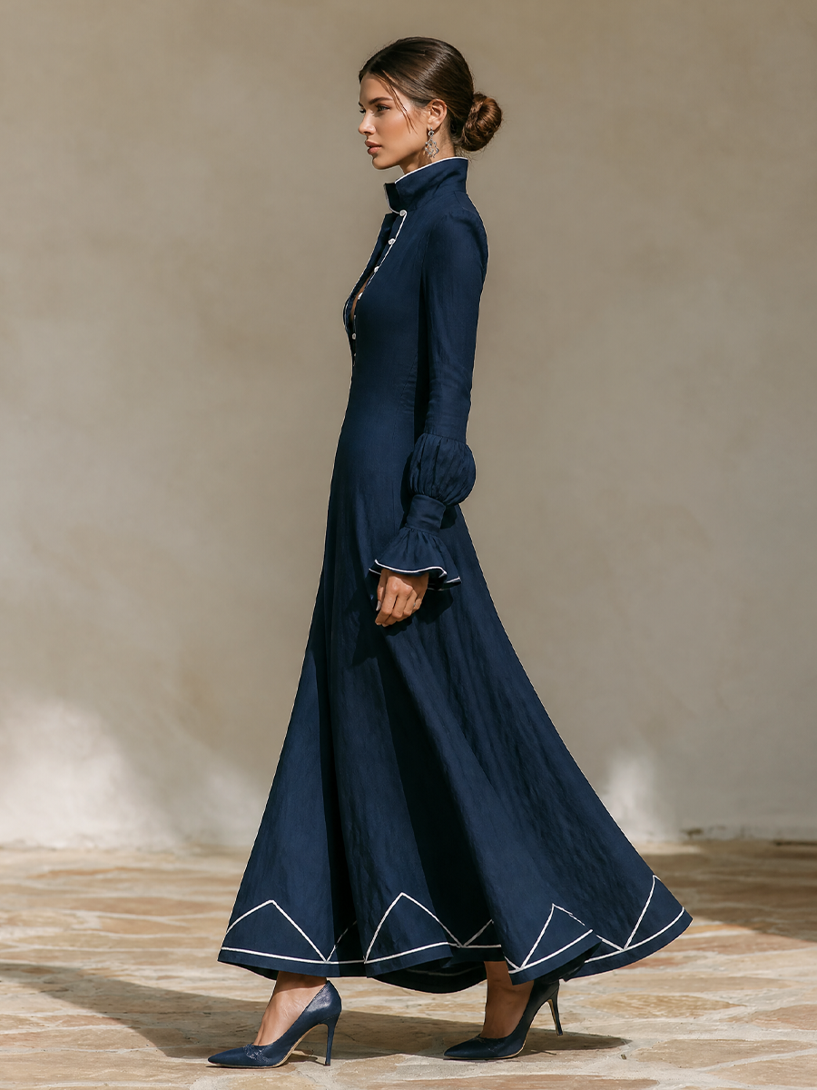 Women's Vacation Contrast Trim Flare Sleeve Maxi Dress