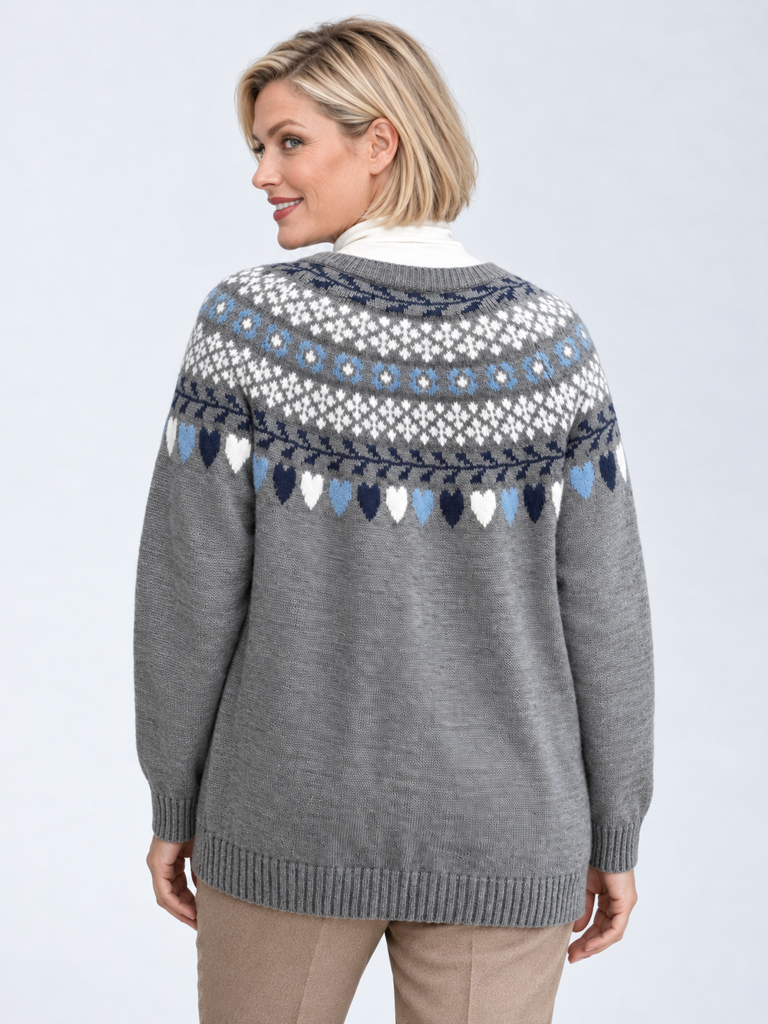 Women's Fair Isle Wool Cardigan – Gray Button-Up Sweater with Pockets