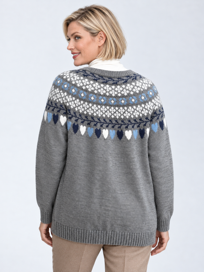 Women's Fair Isle Wool Cardigan – Gray Button-Up Sweater with Pockets