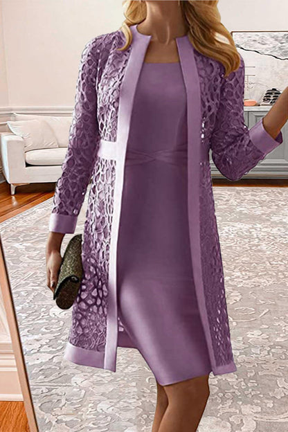 Champagne Elegant Solid Lace Hollowed Out Long Sleeve Two Pieces Dress(8 Colors)
