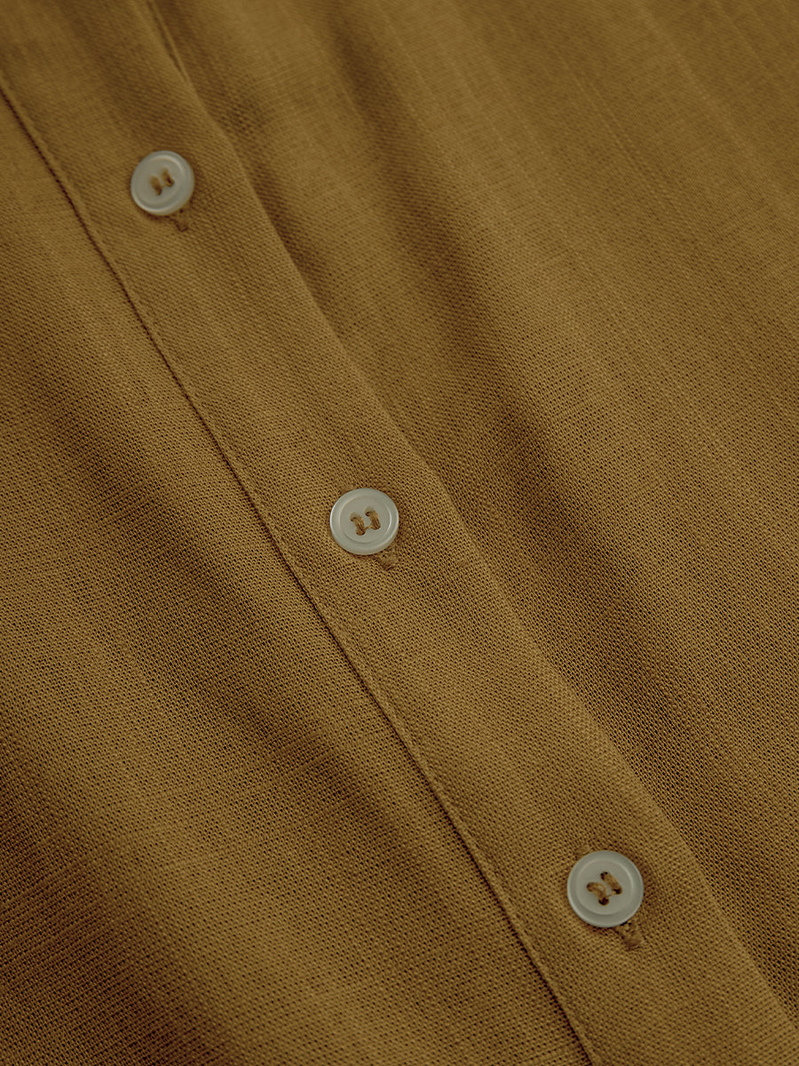 Women's Mustard Elegant Linen Blended Button - Front Belted Midi Shirt Dress