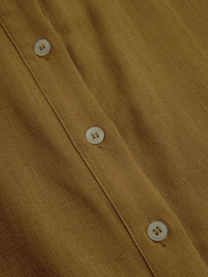 Women's Mustard Elegant Linen Blended Button - Front Belted Midi Shirt Dress