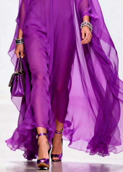 Elegant Purple V Neck Exra Large Hem Chiffon Holiday Dress Summer