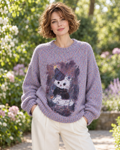 Women's Cat Graphic Wool Sweater – Relaxed Crewneck Knit Pullover