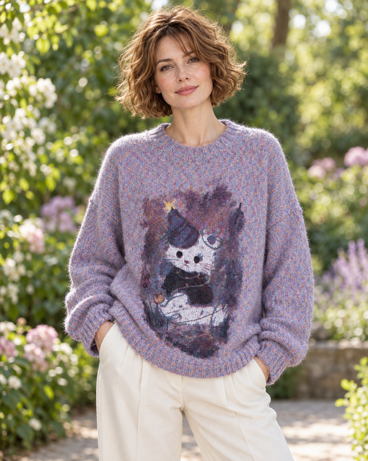 Women's Cat Graphic Wool Sweater – Relaxed Crewneck Knit Pullover