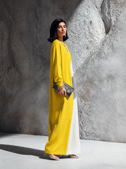 Women's Modern Elegant Yellow White Cotton Blend Color-Block Round Neck Long Maxi Dress