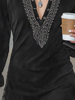 Women's Vintage Faux Suede Embroidered Shirt Collar Long Sleeve Mini Dress
