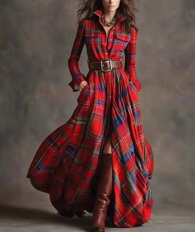 Retro Ethnic Style Lapel Reddish Brown Plaid Maxi Dress
