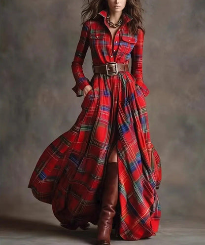 Retro Ethnic Style Lapel Reddish Brown Plaid Maxi Dress
