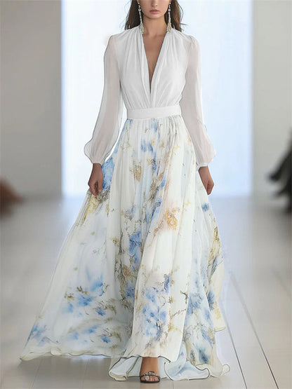 Women's Contrast Color Patchwork Long Sleeve V Neck Maxi Dress