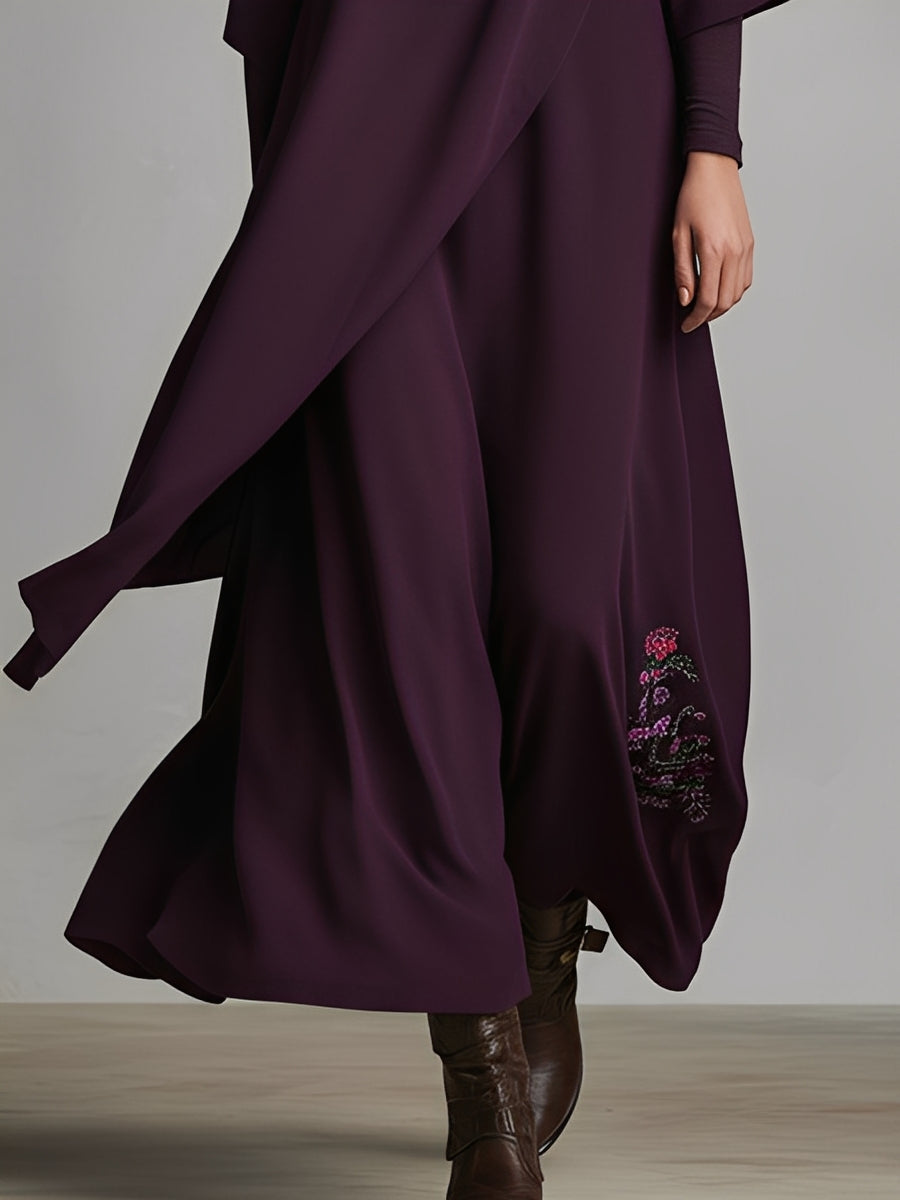 Women's Plum Draped Cotton-Blend Jersey Elegant Turtleneck Embroidered Maxi Dress