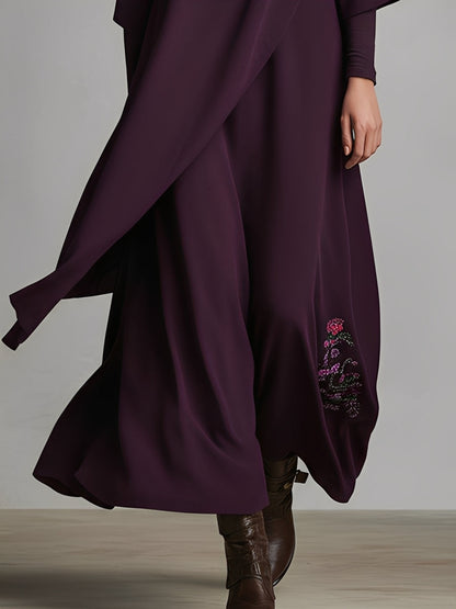 Women's Plum Draped Cotton-Blend Jersey Elegant Turtleneck Embroidered Maxi Dress