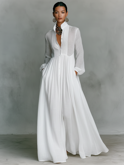 Women's Minimalist Cotton And Linen Patchwork Single-breasted Stand-up Collar Long-sleeved Maxi Dress