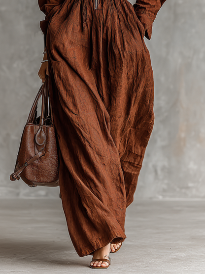 Women's Cotton And Linen Zipper Lapel Elastic Waist Maxi Dress