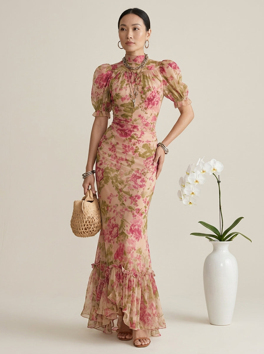 Women High Neck Puff Sleeve Ruffle Hem Floral Print Maxi Dress